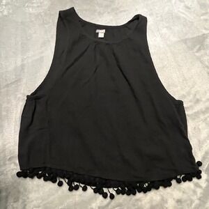 Aerie Black Pom Pom Trim Cropped Tank Top XS S‎ Sheer Boho Cute Goth French Girl